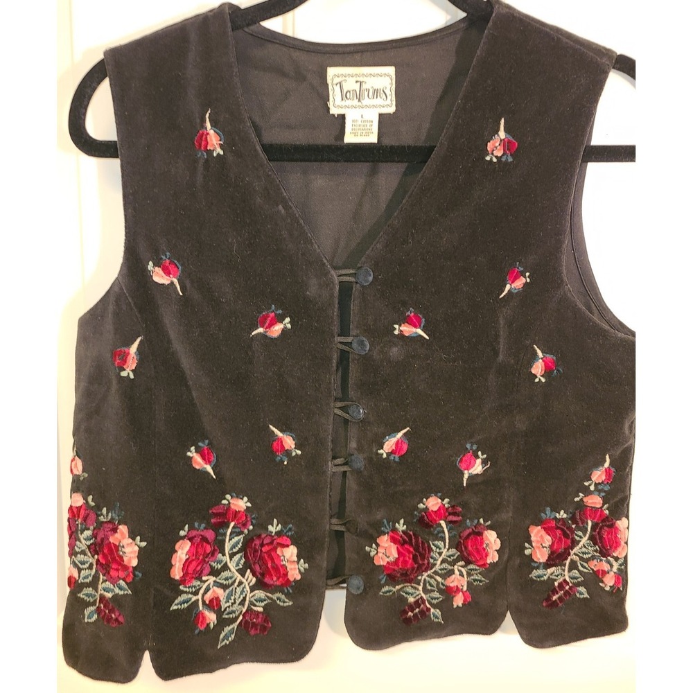 VTG•TANTRUMS VEST•‎ EMBROIDERED & VELOUR• Lg• BUTTON DOWN VEST• Y2K 90S Whimsy